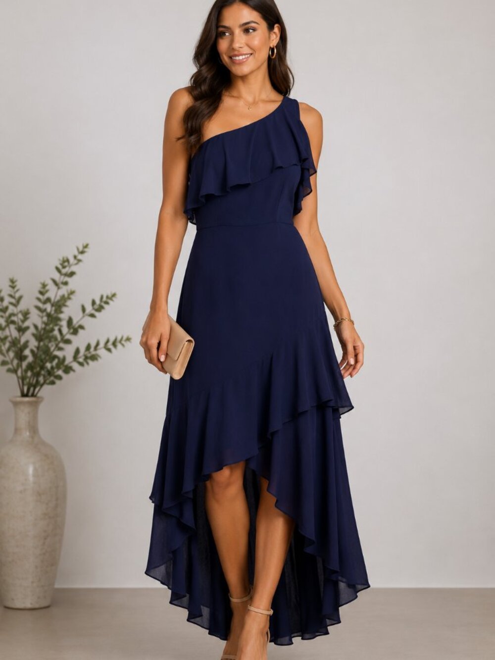 Parker Navy One-Shoulder Long Ruffle Cocktail Dress Size 4